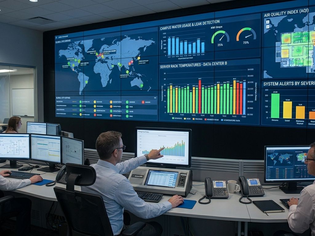 Engineers monitoring building systems on a video wall in a control room